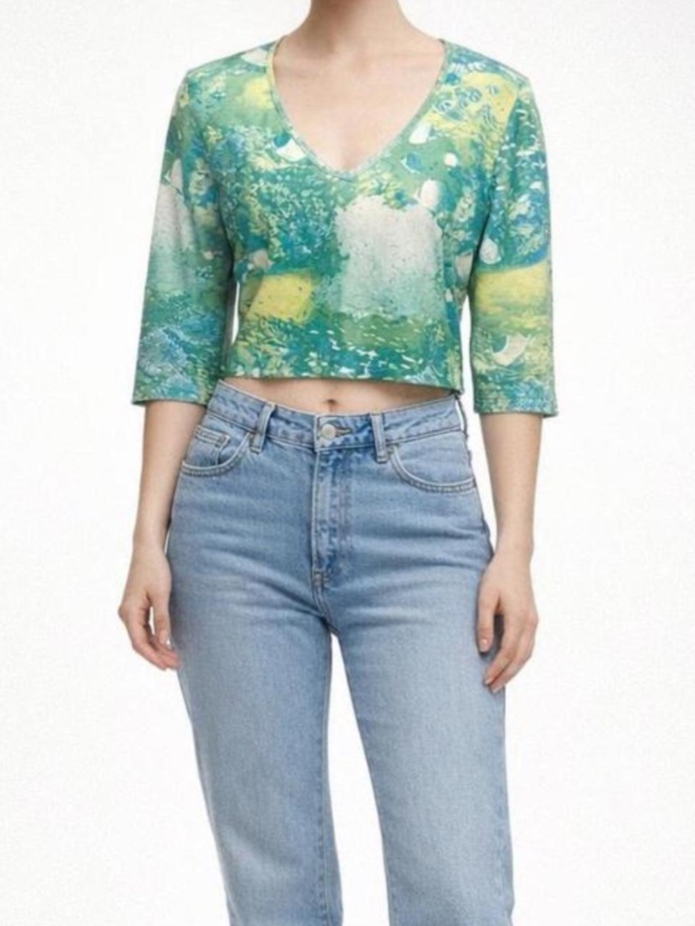 Y2K Green V Neck Blouse Aquarium Fish Sea Print 3/4 Sleeves